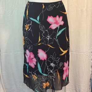 Black Floral Midi Skirt with Pink & Teal Accents